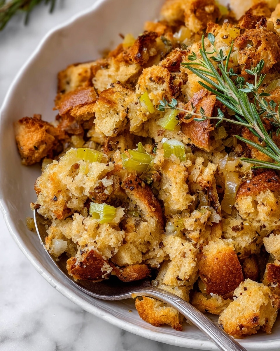 A close-up view of a dish filled with two layers of golden brown, crispy bread pieces mixed with soft, light beige stuffing that includes scattered small bits of green celery. The top layer shows a textured crust with black pepper specs and tiny browned edges, while fresh sprigs of green rosemary and thyme lay diagonally over the bread, adding a fresh touch. The food is served in a smooth white bowl resting on a white marbled surface, and a silver spoon peeks from the side holding a portion of the stuffing. Photo taken with an iphone --ar 4:5 --v 7
