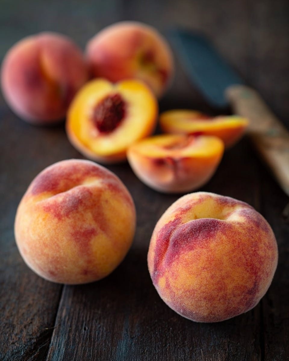 The image shows four peaches on a dark wooden surface, with two whole peaches in front that have a soft fuzzy texture and a blend of light orange and pink colors. Behind them, there are two peach halves showing their bright orange inside with one half still containing the brown pit. A knife with a wooden handle is lying flat next to the peach halves in the background, slightly out of focus. The overall look is fresh and natural. Photo taken with an iphone --ar 4:5 --v 7