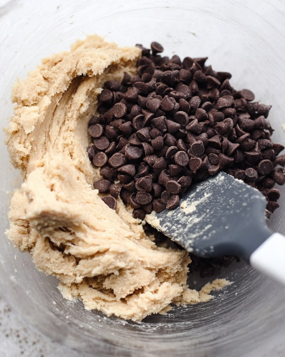 A close-up view of a clear mixing bowl showing a thick, light beige dough mixture on one side and a pile of dark brown chocolate chips on the other side. A black spatula with a white silicone head is partially covered with dough and rests inside the bowl on the right side. The bowl and dough texture are detailed, showing grainy and creamy consistencies. The background is a white marbled texture. Photo taken with an iphone --ar 4:5 --v 7