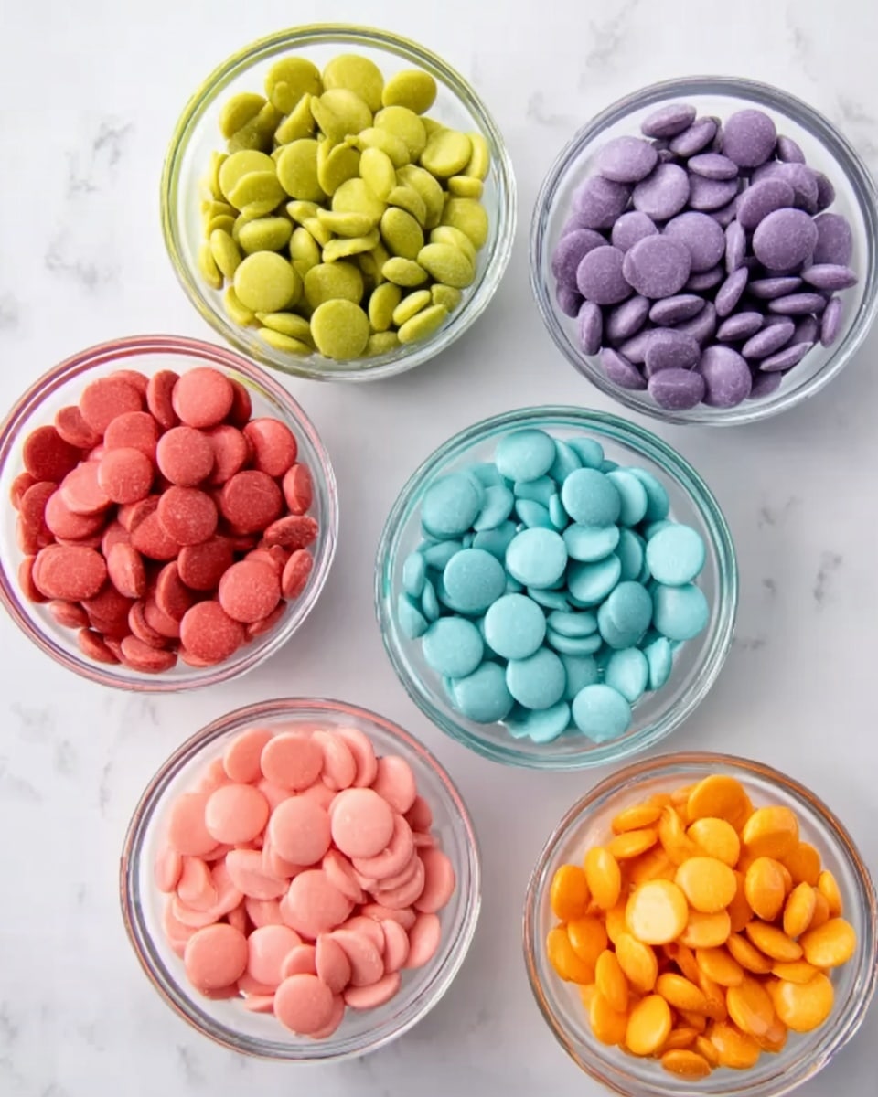 Seven small clear round glass bowls are arranged on a white marbled surface. Each bowl is filled with small, flat, round candy pieces. Starting from the top left and moving clockwise, there are red candies, green candies, purple candies, yellow candies, light blue candies, pink candies, and orange candies in the middle. The colors are bright and smooth, and the candy pieces fill each bowl nearly to the top. The image is bright and clear, showing the textures and shapes well. Photo taken with an iphone --ar 4:5 --v 7