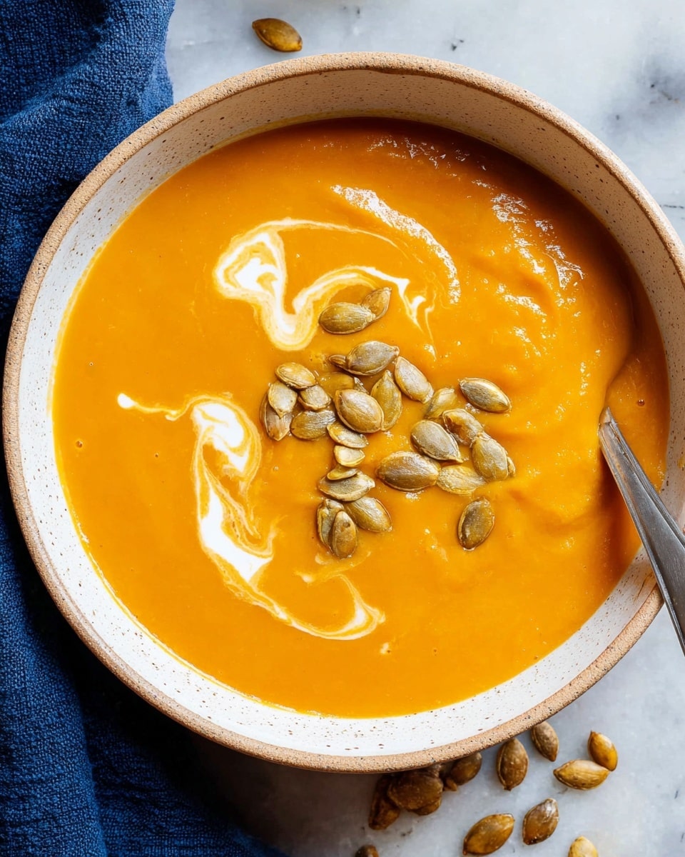 A deep white bowl filled with smooth, bright orange pumpkin soup topped with a swirl of cream and sprinkled with toasted pumpkin seeds in the center; the bowl sits on a white marbled surface with a piece of rustic bread and scattered pumpkin seeds nearby, alongside part of a white and orange-striped pumpkin and a textured dark blue cloth partially under the bowl, photo taken with an iphone --ar 4:5 --v 7