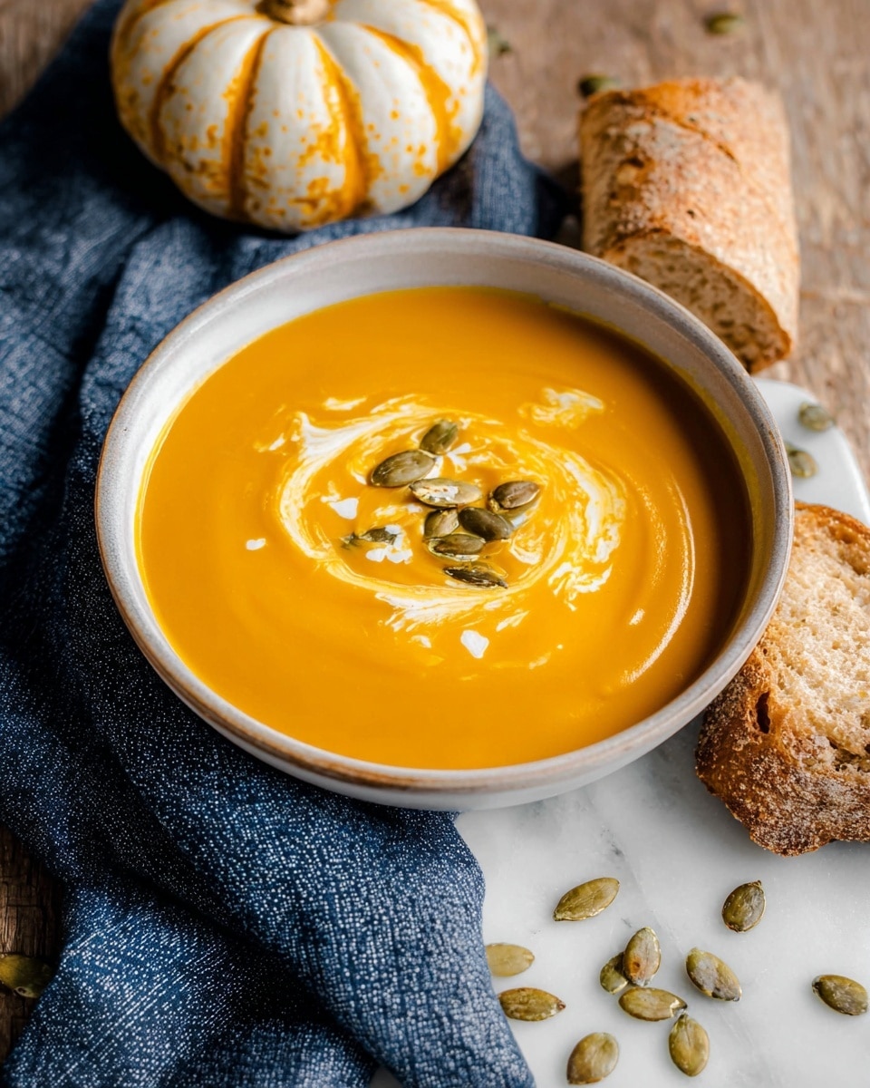 A white bowl filled with smooth bright orange pumpkin soup, topped with scattered toasted pumpkin seeds that are light brown with a crisp texture. A silver spoon lifts a portion of the soup, showing its thick and creamy texture with some seeds on it. In the background, a small pale orange and white pumpkin is softly blurred. The entire scene is set on a white marbled surface. photo taken with an iphone --ar 4:5 --v 7