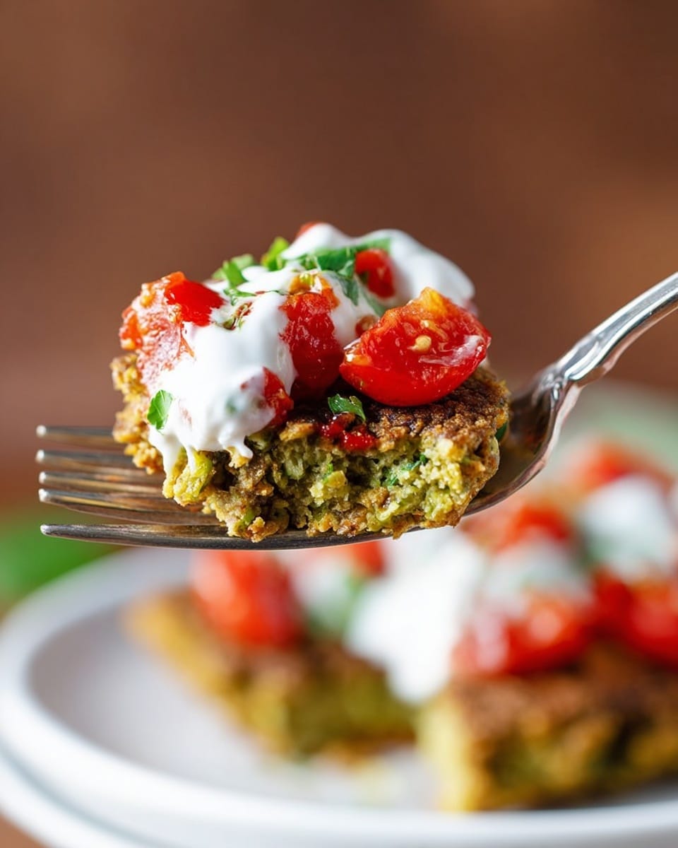 A close-up of a silver fork holding a piece of a green falafel-like patty with a browned, crispy edge. On top, there is a layer of bright red tomato chunks along with a dollop of white, creamy yogurt or sauce, and small green herb pieces. In the blurred background, a white plate with more of the same patty topped with the yogurt and tomatoes is visible, all set against a brownish background. Photo taken with an iphone --ar 4:5 --v 7
