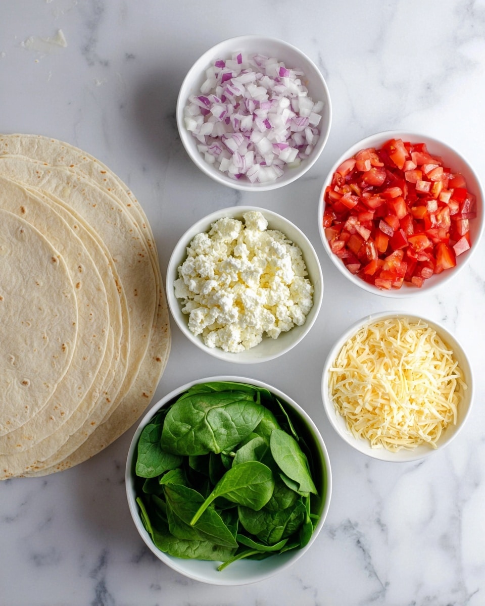 The image shows five small white bowls filled with fresh ingredients placed on a white marbled surface. From top left, there is a bowl of finely chopped light purple onions, next to it on the right is a bowl of crumbly white cheese. Below these, there is a bowl of chopped bright red tomatoes on the left and a bowl of grated pale yellow cheese on the right. At the bottom center, a white bowl holds vibrant green fresh spinach leaves. On the left side, there are several light beige tortillas stacked on the surface. photo taken with an iphone --ar 4:5 --v 7