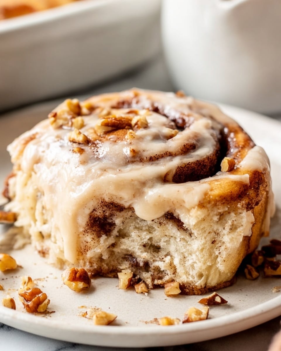 A close-up of a cinnamon roll on a white plate, with soft, light brown dough showing visible swirls of cinnamon and darker brown spots inside. The top layer is covered with a creamy, pale beige frosting that looks smooth and slightly melted, spreading over the roll in a thick layer. There are small pieces of light brown chopped nuts sprinkled inside the roll and around the plate. The background is a white marbled texture. Photo taken with an iphone --ar 4:5 --v 7
