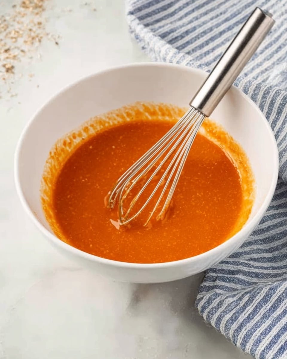 A clear white bowl with orange sauce inside, showing a smooth, slightly thick texture. A silver whisk with a shiny handle is resting in the bowl, coated with the sauce. The bowl sits on a white marbled surface, with a soft striped blue and white cloth nearby. Small bits of sauce splash softly along the bowl's edge, giving a fresh mixed look. Photo taken with an iphone --ar 4:5 --v 7