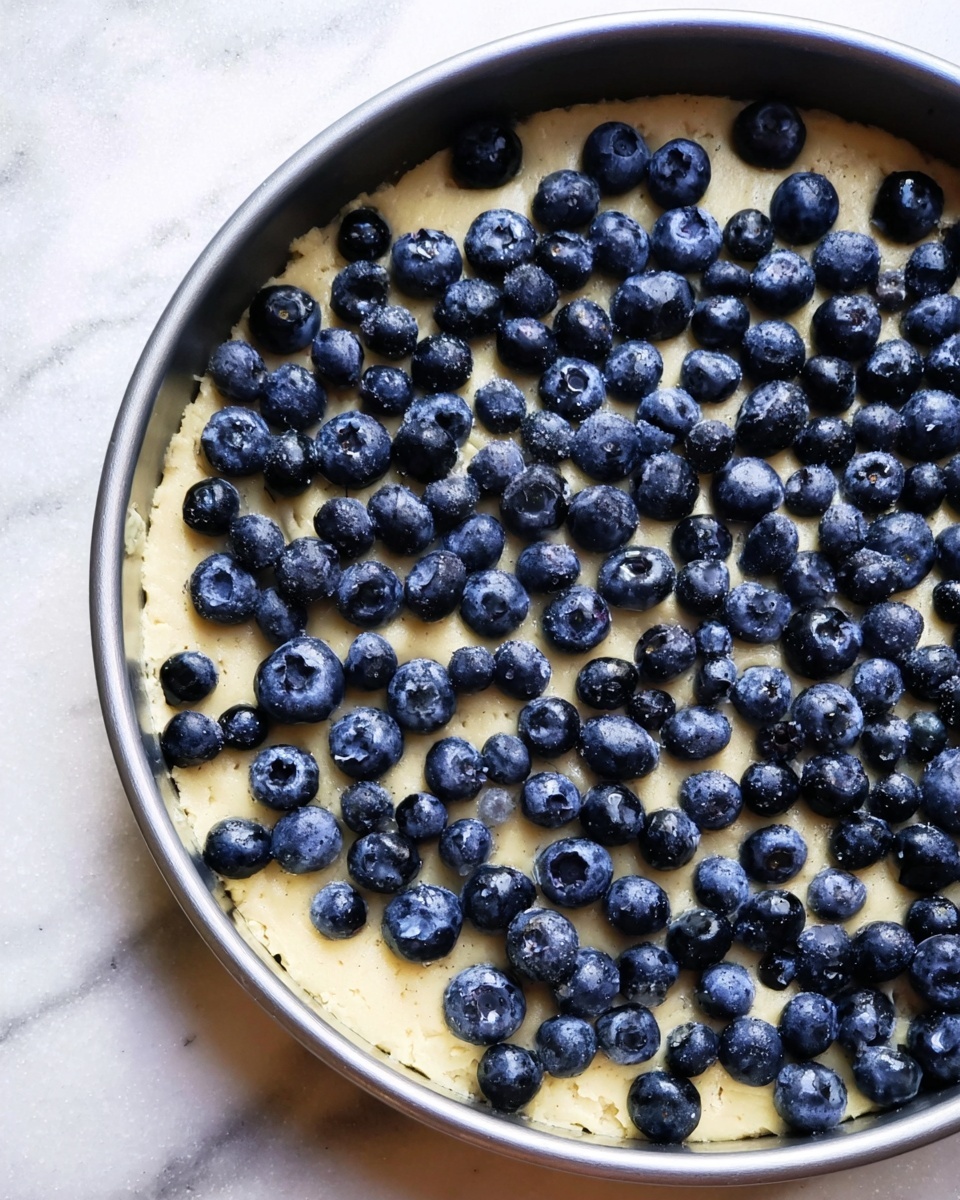 A close-up top view of a round metal baking pan filled with a thick pale yellow dough layer spread evenly across the bottom, topped with a generous layer of fresh blueberries scattered all over, varying in size and deep blue color. The pan sits on a white marbled surface with natural light creating soft shadows around it. photo taken with an iphone --ar 4:5 --v 7