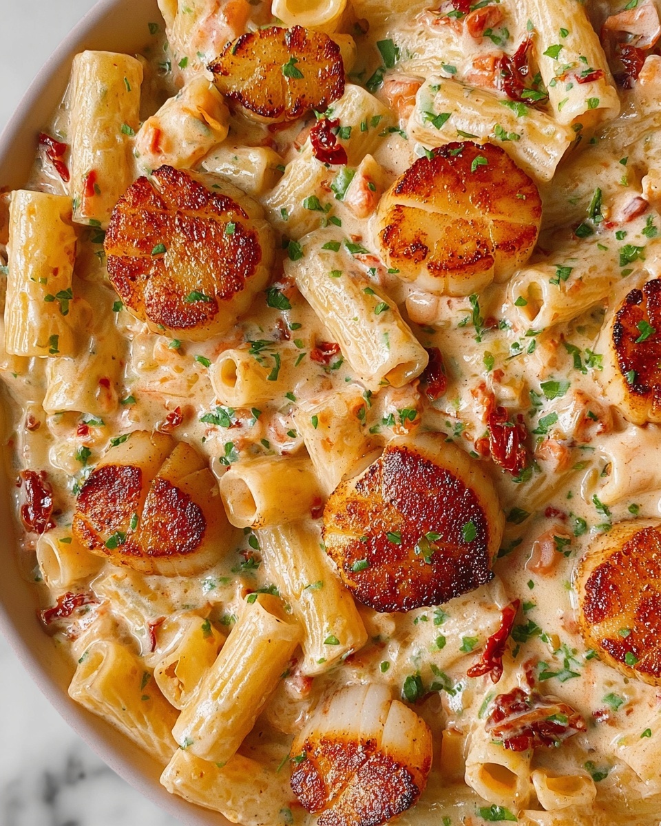 A large silver pan filled with creamy pasta and round, golden-brown scallops evenly placed on top. The pasta pieces are short tubes covered in a rich, light orange creamy sauce with small bits of red and green herbs sprinkled throughout. The scallops have a seared, slightly crispy texture with a light brown color. There are scattered green parsley flakes on the dish, adding contrast to the creamy sauce. The pan sits on a white marbled surface. Photo taken with an iphone --ar 4:5 --v 7