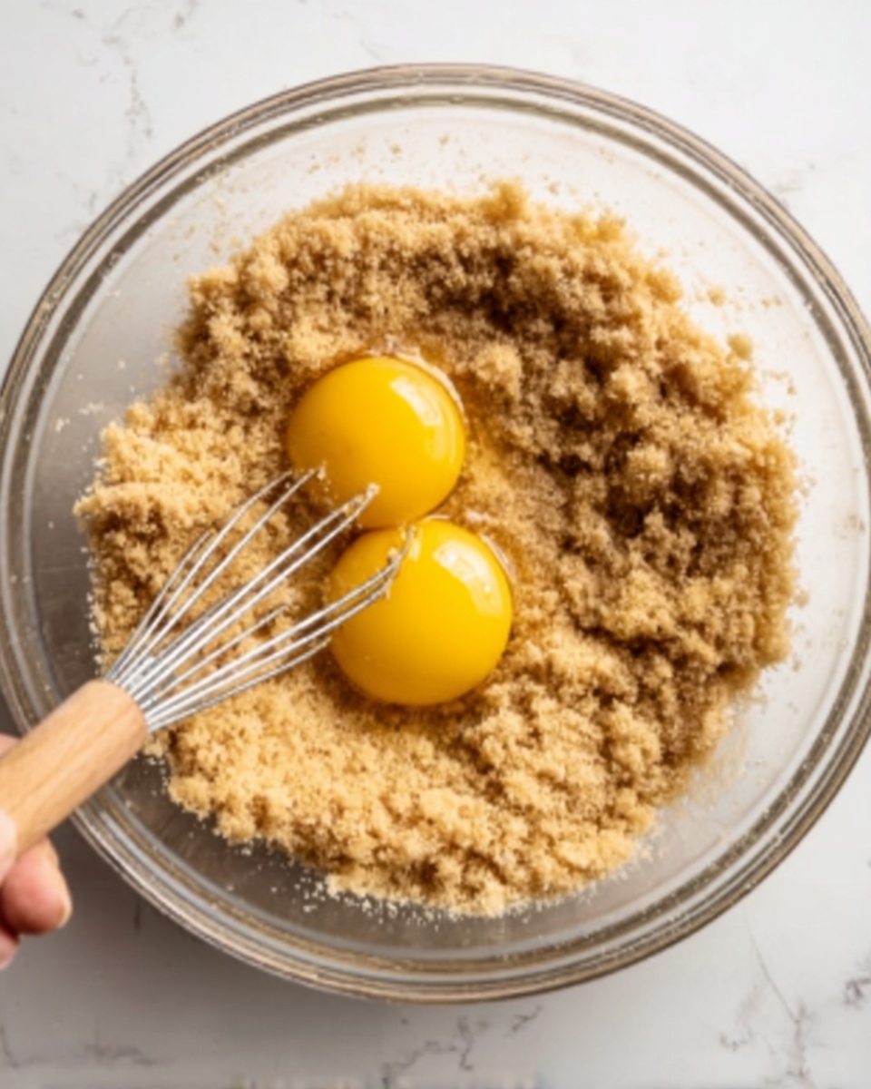 A clear glass bowl sits on a white marbled surface filled with a sandy tan crumbly mixture. On top, two bright yellow egg yolks rest side by side, slightly glistening. A whisk with a wooden handle is partly inserted into the mixture, the woman's hand gripping it from the left side of the image. The crumbly texture contrasts with the smooth, round yolks above, creating a simple yet inviting scene. photo taken with an iphone --ar 4:5 --v 7
