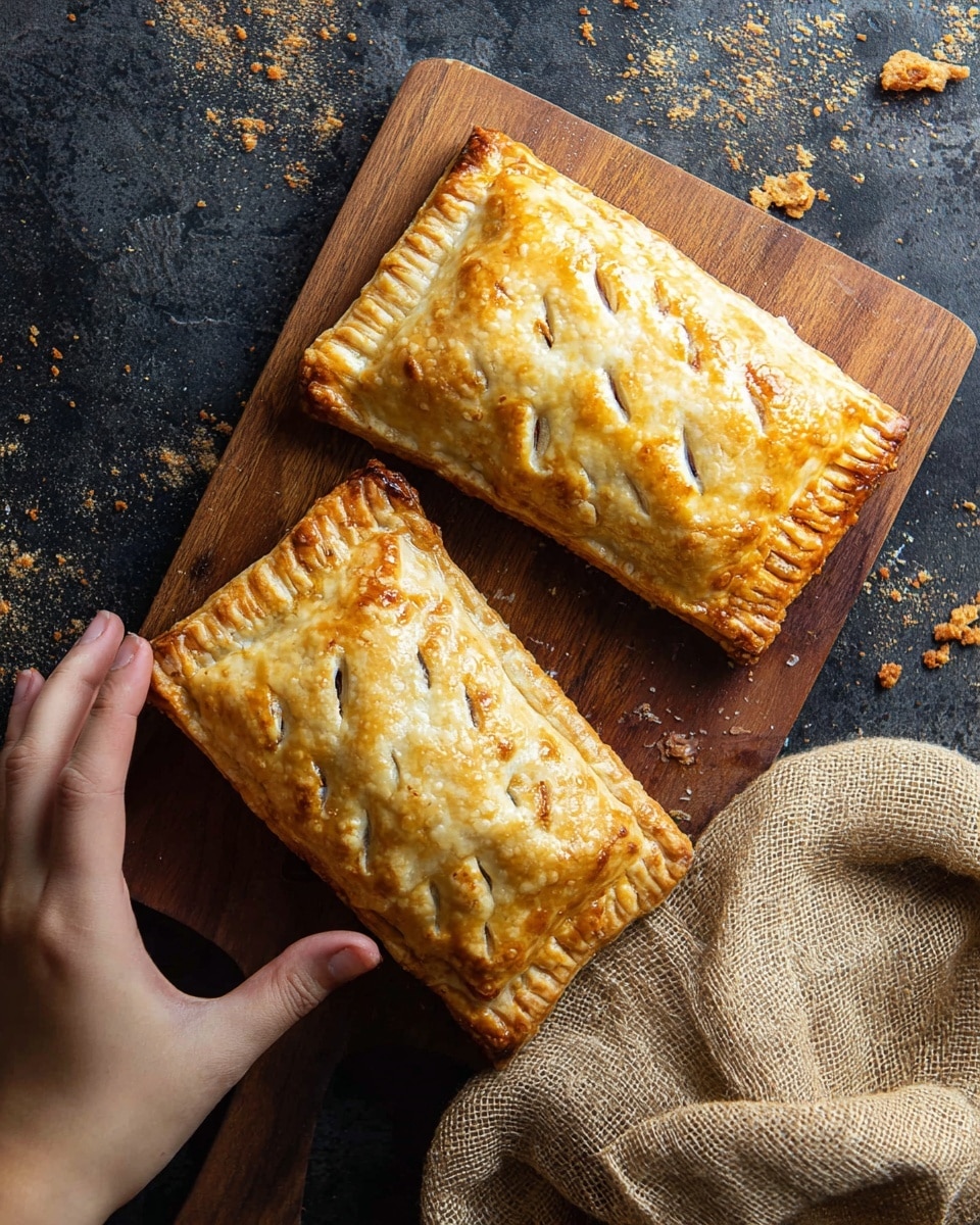 The image shows two pieces of a golden brown puff pastry pie placed on a wooden board with a white marbled surface underneath. The front piece is broken open, revealing a creamy, light beige filling that looks soft and smooth, with some melted white cheese pulling slightly and small bits of green herbs and mushroom inside. The crust has a flaky texture with visible layers and a shiny, crisp top. There are small crumbs scattered around the board. The background is softly blurred, focusing on the pie itself photo taken with an iphone --ar 4:5 --v 7