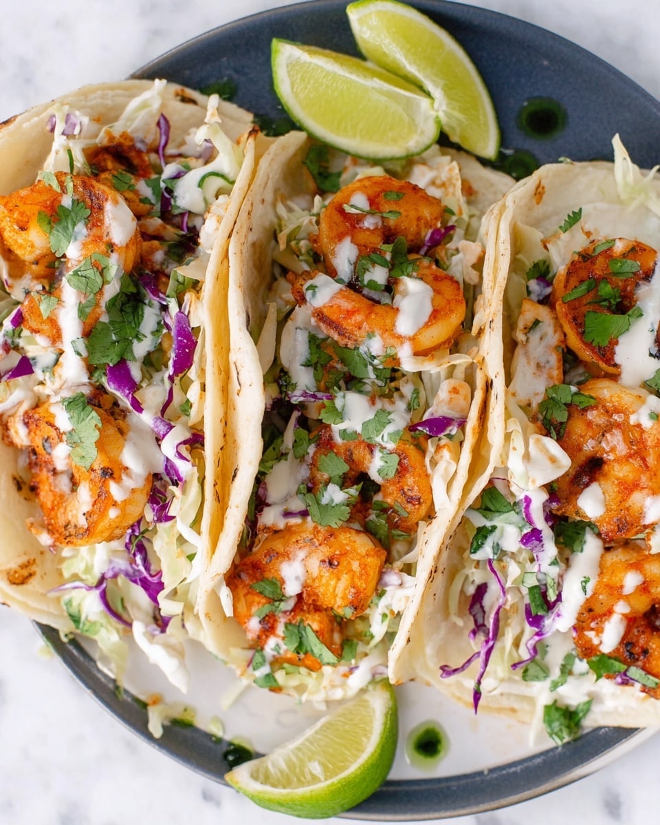 Three tacos are placed side by side on a white plate, each filled with layers starting with soft, white corn tortillas. Inside each taco, there are golden-orange cooked shrimp with charred edges, topped with a mix of shredded white and purple cabbage. Fresh green cilantro pieces are scattered on top, along with a light drizzle of white creamy sauce. Two lime wedges rest on the plate near the tacos, and a few drops of sauce are lightly splattered on the plate. The background is a white marbled surface photo taken with an iphone --ar 4:5 --v 7