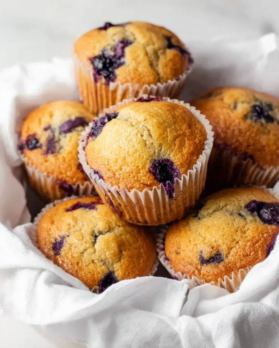 The image shows several golden brown muffins with a light, slightly cracked top surface. Each muffin has visible dark purple blueberry pieces baked inside, peeking out around the top and sides. The muffins are inside white paper liners and are placed in a white bowl lined with crumpled white cloth. The white marbled surface can be seen faintly beneath the bowl. The overall look is warm, fresh, and inviting. photo taken with an iphone --ar 4:5 --v 7
