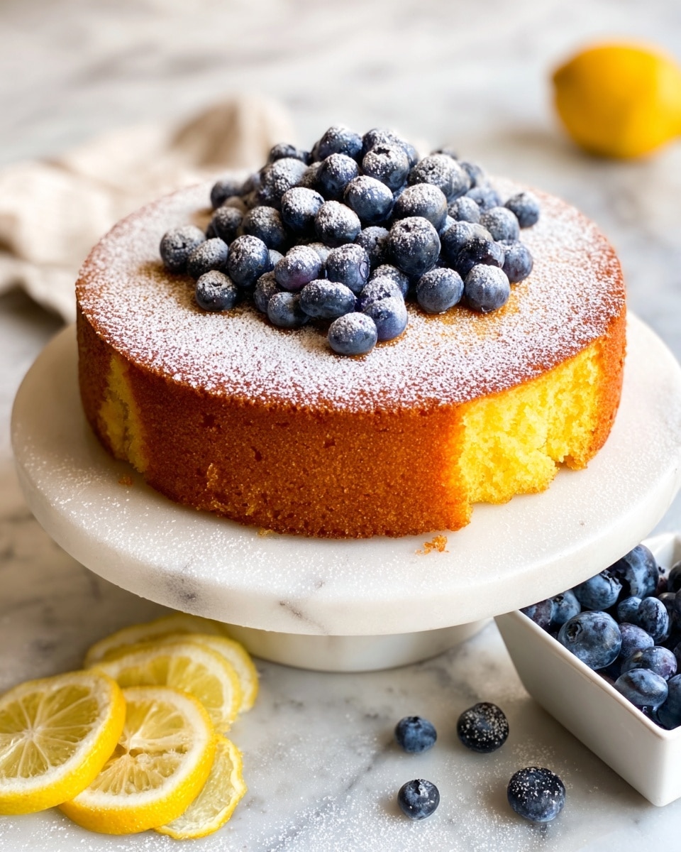 A single-layer round yellow cake with a soft textured crumb is placed on a white marble cake stand. The cake top is golden brown with a light dusting of white powdered sugar. A pile of fresh blueberries, also lightly dusted with powdered sugar, is arranged in the center of the cake. Around the bottom on the white marble surface, there are scattered lemon wedges and a white square bowl filled with more fresh blueberries. The whole scene is set on a white marbled texture surface. photo taken with an iphone --ar 4:5 --v 7