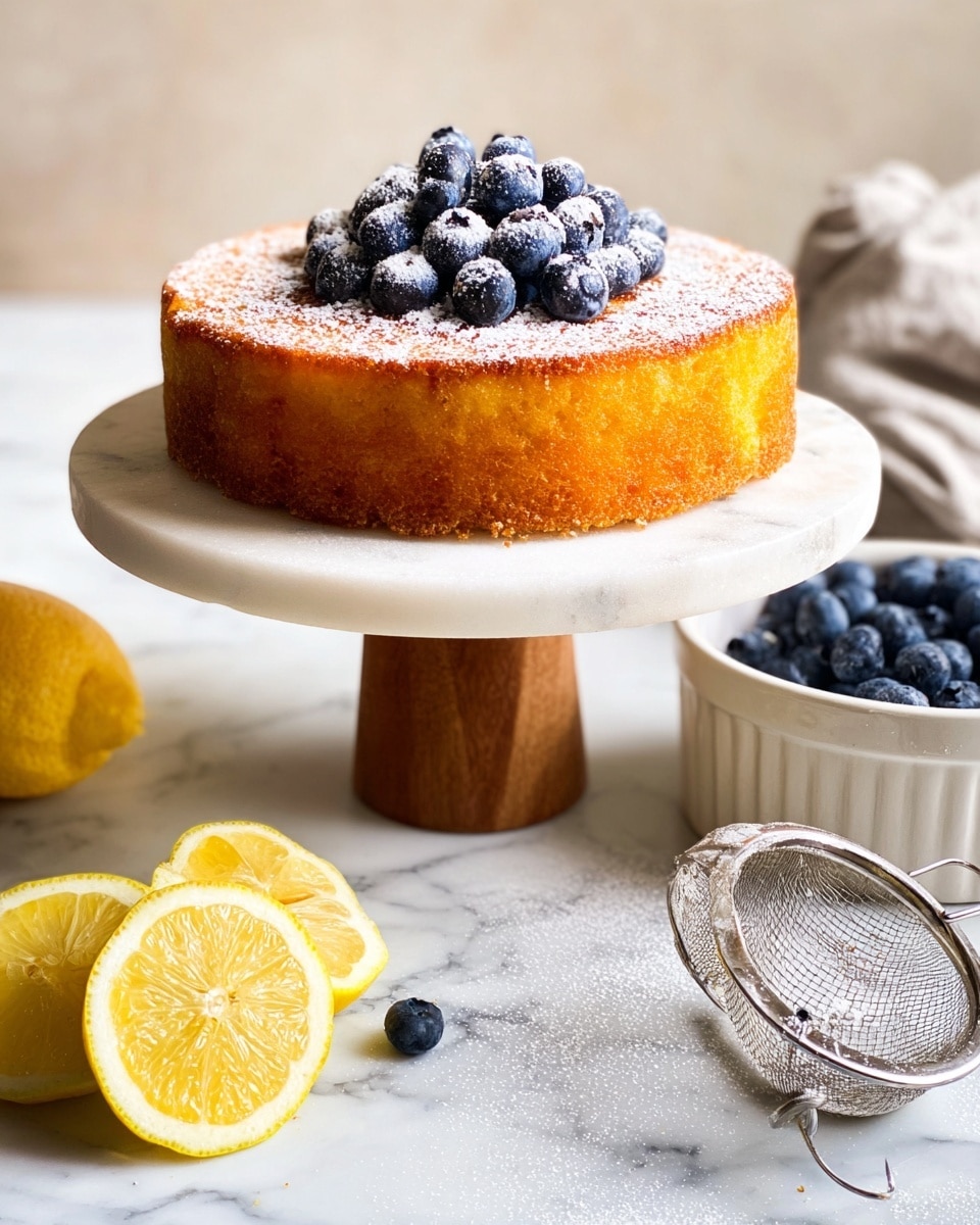 A single-layer golden cake with a slightly rough texture on its sides and top sits on a white marble cake stand with a wooden base. The cake is topped with a small pile of fresh blueberries dusted with powdered sugar, adding a light white contrast on the dark blue fruits. Around the cake are lemon wedges in bright yellow, placed on a white marbled surface along with a white basket filled with fresh blueberries and a metal sieve dusted with powdered sugar near the bottom right corner. photo taken with an iphone --ar 4:5 --v 7