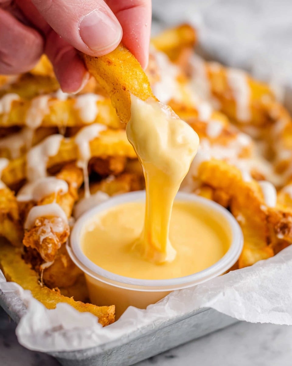 A close-up view shows a woman's hand holding a golden yellow tortilla chip dipping into a small white cup of smooth, creamy cheese sauce. The chip is covered with melted cheese that stretches from the sauce cup, showing a thick and stretchy texture. More chips, topped with melted cheese and white sauce, are piled in the background resting on white wrinkled paper inside a white tray. The surface beneath the tray has a soft white marble texture. photo taken with an iphone --ar 4:5 --v 7