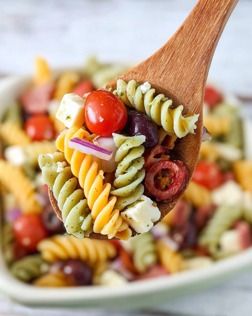 A close-up of a wooden spoon holding a colorful pasta salad. The spoon shows three layers of spiral pasta in pale yellow, green, and orange colors mixed with bright red cherry tomatoes, small white cheese cubes, chopped purple onions, sliced black olives, and bits of green pepper and pepperoni. The background features a white bowl filled with more of the same pasta salad. The whole scene sits on a white marbled texture. photo taken with an iphone --ar 4:5 --v 7