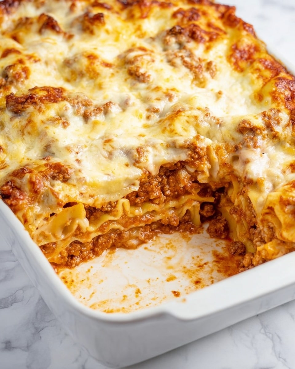 The image shows a white plate filled with a cheesy pasta dish. The pasta layers are visible, with squarish pasta pieces filled with a brownish meat sauce, covered in melted mozzarella cheese that stretches as a fork lifts a piece. The dish has a creamy orange sauce mixed with the meat sauce, adding a smooth texture. The background includes blurred bowls with green salad and grated cheese on a white marbled surface. Photo taken with an iphone --ar 4:5 --v 7