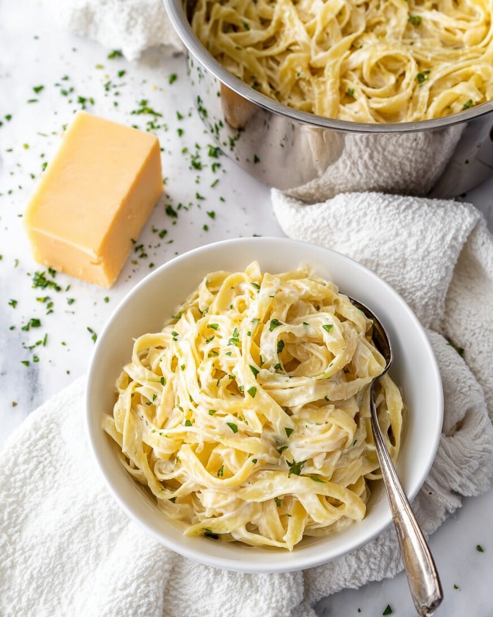 A white bowl filled with creamy fettuccine pasta, coated evenly with a light yellow sauce, topped with small green herb pieces scattered on top. A silver spoon rests inside the bowl on the right side. Behind the bowl, a silver pot holds more of the same fettuccine pasta, creamy and light yellow with herbs mixed in. To the left of the bowl, a block of pale yellow cheese sits on a white textured cloth, which is spread across a white marbled surface sprinkled with small green herb pieces. photo taken with an iphone --ar 4:5 --v 7