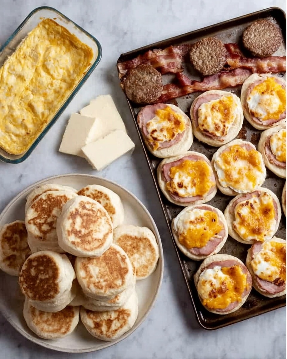 Two images show a breakfast scene with multiple layers. On the left, a white plate holds three cooked sausage patties, a few slices of light pink ham, and some cooked crispy bacon strips. Below the plate, there is a stack of five toasted English muffins, light brown with a golden, uneven texture on top. To the left side, there is a rectangular glass dish with a light yellow casserole or egg bake with a slightly browned top. A small stack of white cheese slices with neat edges is nearby. All items are placed on a white marbled surface. On the right, a dark metal baking tray holds 15 English muffin sandwiches arranged in rows, each sandwich has a bottom layer of a golden toasted English muffin, a slice of melted savory orange cheese, and a white cooked round egg with browned spots on top. The sandwiches are placed closely together. Photo taken with an iphone --ar 4:5 --v 7