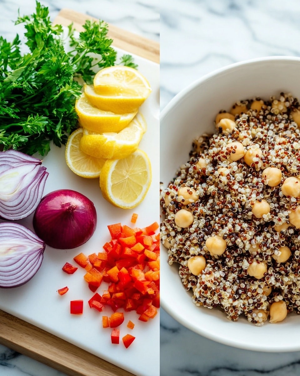 The image shows two parts: on the left, there is a white cutting board with fresh ingredients on a white marbled surface. The ingredients include two halves of a purple onion, three lemon halves stacked in a row with bright yellow inside, a bunch of fresh green parsley with good texture, some slices and a quarter of a red bell pepper next to small diced red pepper pieces. On the right, there is a white bowl filled with a mix of cooked chickpeas and quinoa with different colors like beige, dark brown, and white grains, all resting on the same white marbled surface. The lighting is bright and natural, showing the fresh and colorful look of the ingredients photo taken with an iphone --ar 4:5 --v 7