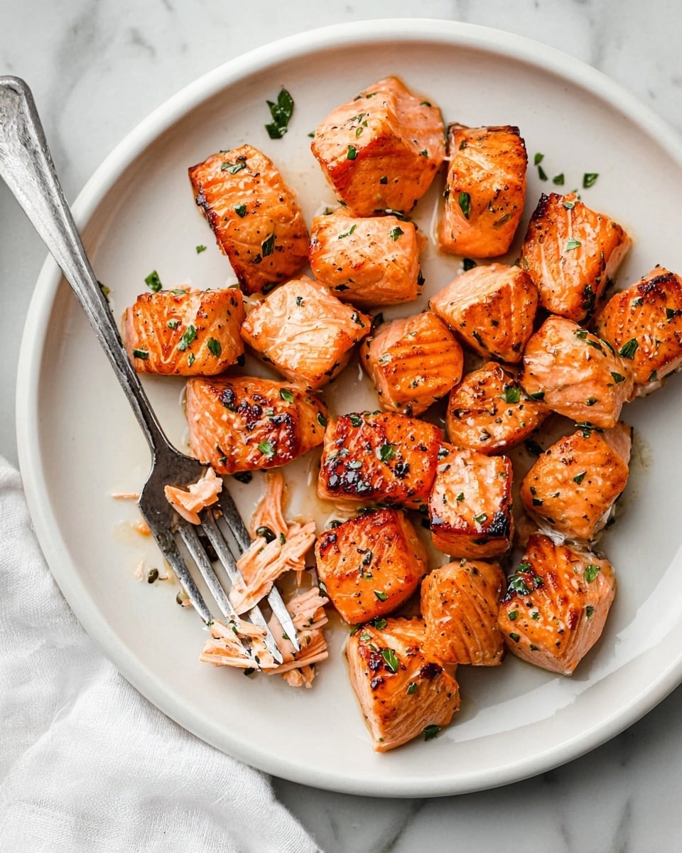 The image shows a white plate with many small, cooked salmon pieces that are golden orange with light searing marks. The salmon pieces are arranged casually on the plate, scattered in one layer and garnished with small green herb bits and coarse black pepper. On the left side of the plate, a silver fork rests partly under a few salmon pieces. The plate sits on a white marbled surface with a white cloth near the bottom left corner. The overall look is fresh and simple, focusing on the cooked salmon texture and color. photo taken with an iphone --ar 4:5 --v 7