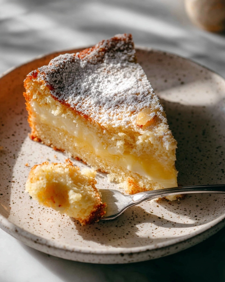 A slice of yellow cake with a creamy light yellow filling layered inside sits on a white speckled plate. The top of the cake is dusted with white powdered sugar, and the crust around the edges is golden brown. In front of the slice, a silver fork holds a small piece of the cake, showing the soft and moist texture inside. The plate is placed on a white marbled surface with soft natural light creating shadows around it. Photo taken with an iphone --ar 4:5 --v 7
