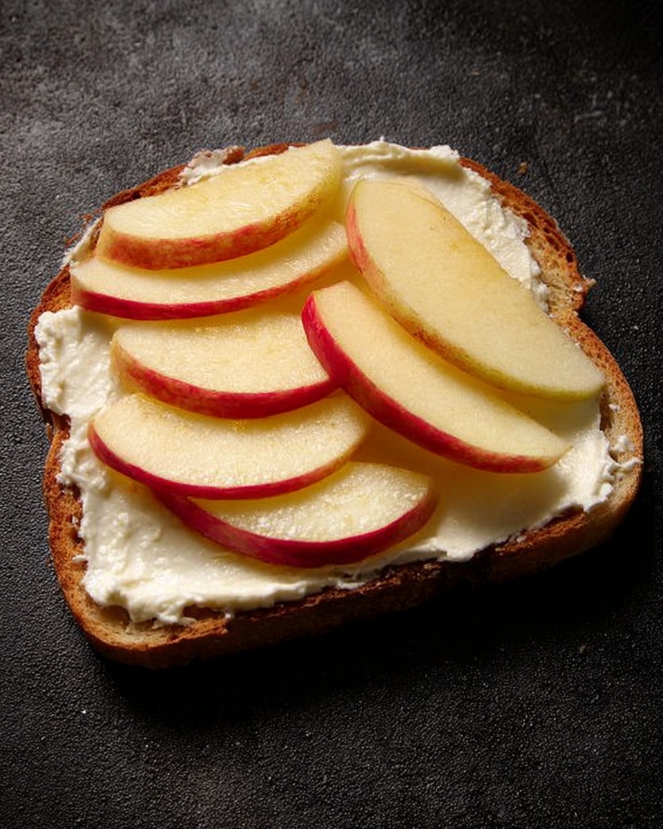 A slice of bread is placed flat on a dark, textured surface. The bread is topped evenly with a creamy white spread that looks soft and thick. On top of the spread, there are six thin slices of apple arranged in a slightly overlapping pattern. The apple slices have red skin on the edges with pale yellow flesh in the center. The edges of the bread are crusty and golden brown, while the inside is soft and light in color. photo taken with an iphone --ar 4:5 --v 7
