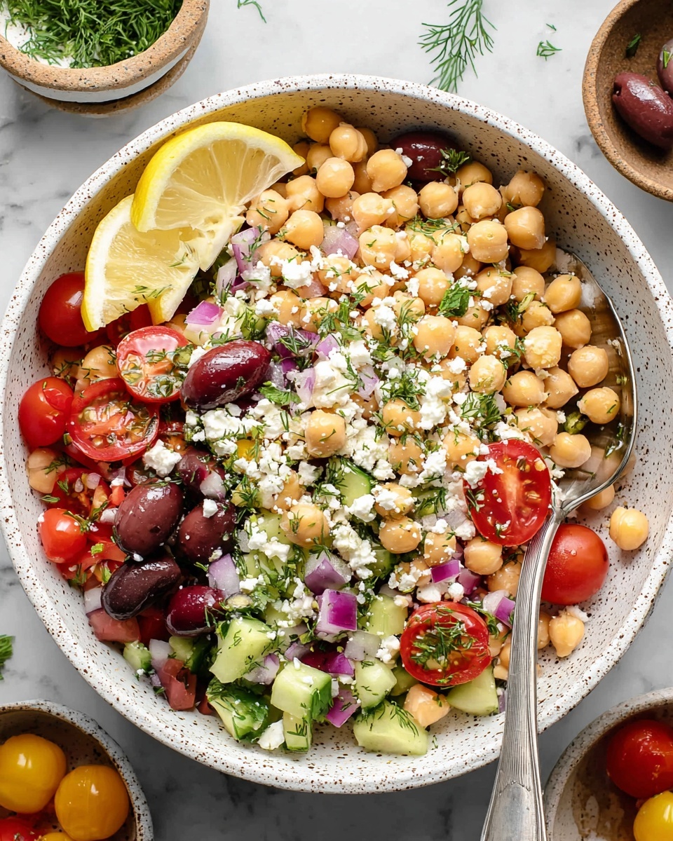 The dish shows a colorful chickpea salad with about five layers mixed together: round light beige chickpeas, halved bright red cherry tomatoes, chunks of pale green cucumber, dark purple olives, and small white crumbly cheese sprinkled throughout. Bright green parsley leaves and delicate dill sprigs are scattered evenly for garnish, with bits of finely chopped red onion adding pops of purple. A spoon is scooping some salad from the bowl, and a wedge of bright yellow lemon sits on the side. The bowl is white, placed on a white marbled surface. photo taken with an iphone --ar 4:5 --v 7