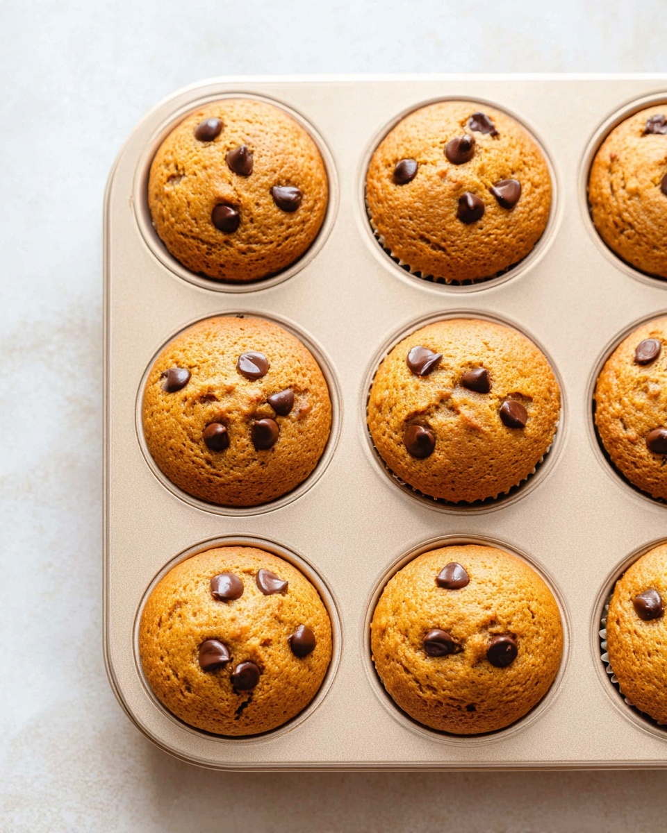 The image shows six golden brown muffins inside a light beige muffin tray, each muffin topped with scattered dark chocolate chips giving a glossy texture on the surface. The muffins are slightly domed with a soft, moist look and a light crumb texture visible. The tray sits on a white marbled surface, with soft natural light creating gentle shadows. The chocolate chips are spread unevenly on top of each muffin, adding specks of dark brown against the warm golden muffin tops. photo taken with an iphone --ar 4:5 --v 7