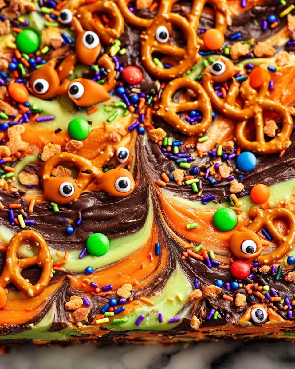 A white bowl holds several pieces of dark chocolate bark, topped with orange pretzels, colorful candy-coated chocolates in purple, green, and blue, small round orange and black sprinkles, and candy eyes, all layered on a white marbled surface next to a white cloth with blue stripes. Nearby on the white marbled surface are white ghost-shaped treats with candy eyes and mouths, and a black plate showing three green rice crispy treats decorated with three pairs of candy eyes and black stripes. photo taken with an iphone --ar 4:5 --v 7