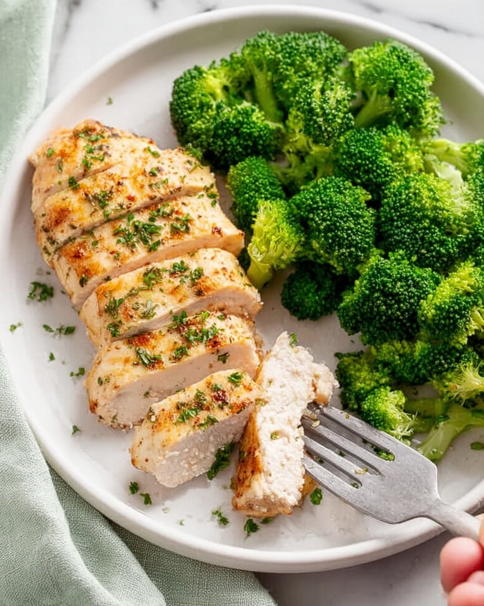 A white plate holds two main layers of food: on the left, there are five grilled chicken slices showing a golden-brown outside with light parsley flakes, with the chicken inside looking moist and white; a silver fork touches the second slice from the top, with a woman's hand gripping the fork's handle from the upper right corner. On the right side of the plate, a pile of fresh, bright green broccoli florets fills the space. The plate is set on a white marbled surface with a soft, folded pale green cloth partially visible on the left side. photo taken with an iphone --ar 4:5 --v 7