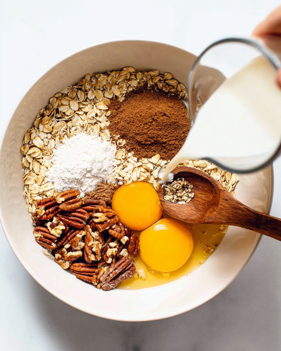 A white bowl holds a mix of ingredients, arranged in separate sections: golden brown rolled oats cover nearly half the bowl, next to a smaller pile of rich brown cinnamon powder and a small heap of white baking soda. Below this is a cluster of chopped pecans with dark brown and creamy beige tones. Two bright orange egg yolks sit together in a golden liquid, likely honey or syrup, filling the lower right part of the bowl. A wooden spoon rests on top of the oats, pointing toward the center, while a woman's hand pours a stream of white milk from a clear glass measuring cup into the bowl against a white marbled surface. photo taken with an iphone --ar 4:5 --v 7