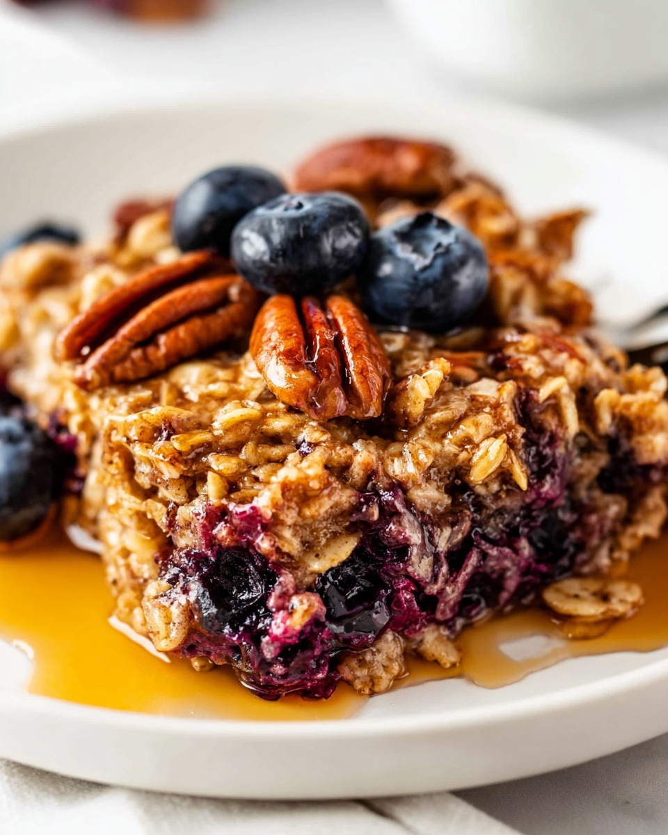 The dish shows a close-up of a single serving of oatmeal bake on a white plate over a white marbled surface. The oatmeal bake has two main layers: a soft, moist base mixed with dark purple baked berry pieces, and a thick crunchy top layer with golden-brown oats and pecan nuts scattered all over. There are fresh blueberries on top giving a deep blue contrast, and a drizzle of amber syrup pools gently around the edges, adding shine and moisture. The texture of the oats is rough and toasted, while the berry bits add some smooth, juicy spots. Photo taken with an iphone --ar 4:5 --v 7