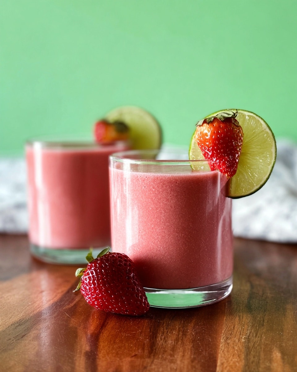Two clear glasses filled with a pink strawberry smoothie sit on a shiny brown wooden surface with a white marbled background. Each glass is topped with a thin green lime slice and a half strawberry on the rim. In front of the closest glass, a whole red strawberry rests on the surface. The photo is taken at close range focusing on the front glass with soft light highlighting the smooth texture of the drink. Photo taken with an iphone --ar 4:5 --v 7