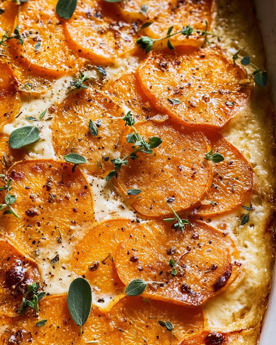 This image shows a round white pan filled with a layered dish. The top layer is a golden orange, made of thin slices that look crispy in some parts, and finely browned cheese melted over it. Small green herb leaves are scattered on top for garnish. Inside, you can see creamy, soft layers in light yellow and orange shades. Next to the pan, on a white plate, a round piece of the dish is served, showing creamy and orange layers mixed with a melted texture. The dish sits on a white marbled surface. photo taken with an iphone --ar 4:5 --v 7