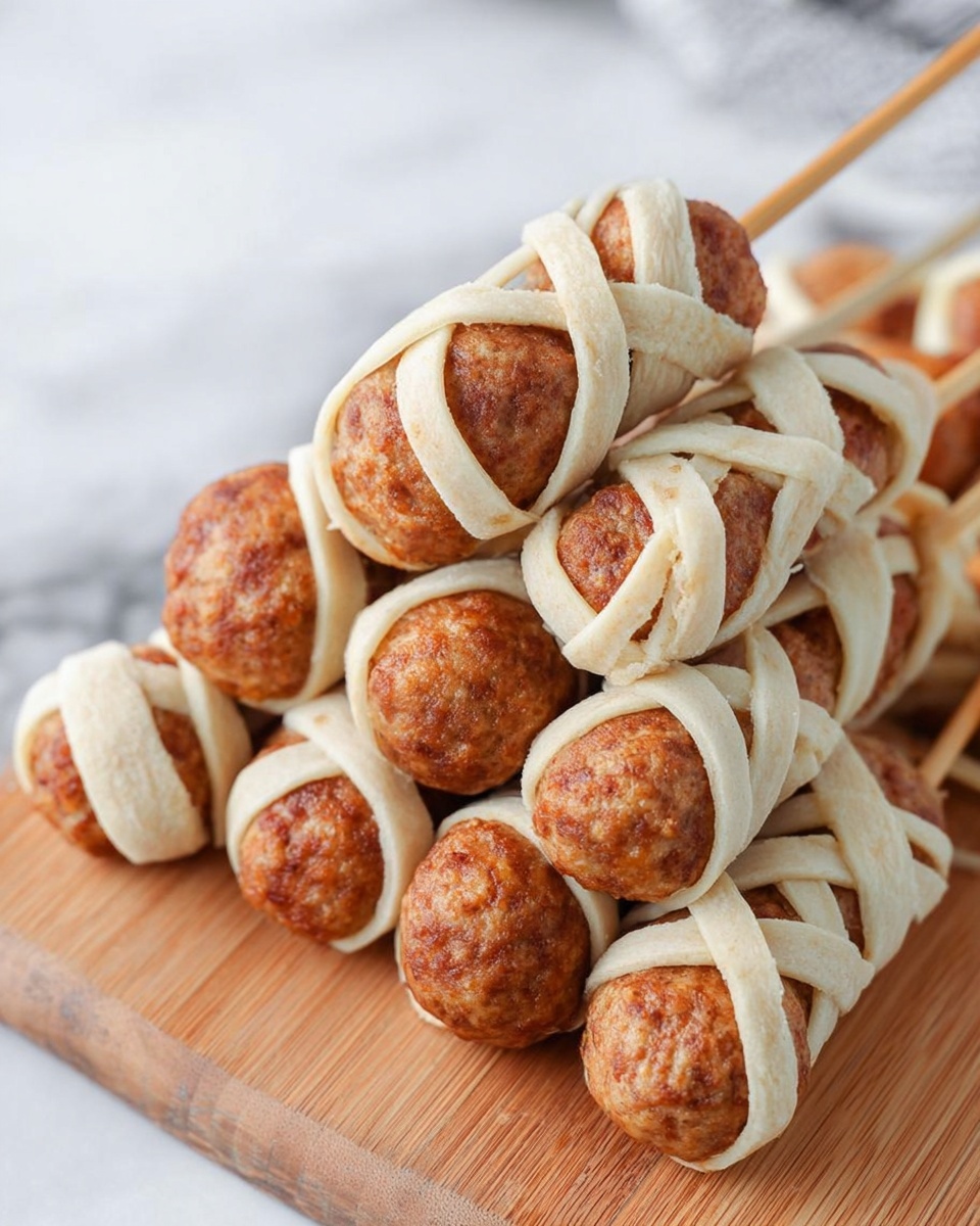 The image shows wooden skewers with round, brownish-orange meatballs stacked in groups of three or four. Some of the skewers have thin, irregular white dough strips wrapped around the meatballs in a crisscross pattern, resembling a mummy wrap. The skewers rest on a smooth wooden board placed on a white marbled surface. The meatballs have a textured, slightly rough surface, and the dough strips add a soft, smooth contrast. In the background, more meatballs are loosely piled without skewers or dough wrap. Photo taken with an iphone --ar 4:5 --v 7