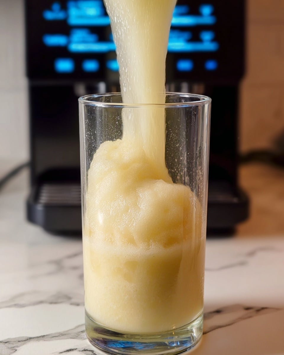 A clear glass is shown filled with a thick, pale yellow slushy liquid being poured into it, creating soft frothy layers with a smooth, icy texture. The slushy inside has varying shades of creamy yellow, with the bottom layer slightly more translucent and the upper layers fluffier and denser. The glass rests on a white marbled surface, and a black appliance with glowing blue lights is visible in the blurred background. photo taken with an iphone --ar 4:5 --v 7