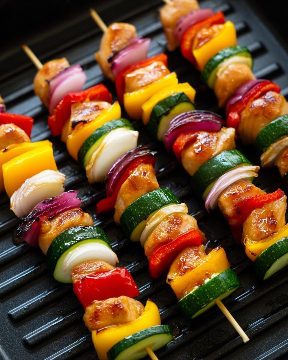 The image shows several skewers laid on a dark grill pan with ridges. Each skewer has five layers starting with a light brown chicken piece at the bottom that looks moist and shiny, followed by a thick dark green cucumber slice, then a thin white slice with a hint of purple from a red onion, a bright yellow bell pepper piece, and finally a vibrant red bell pepper piece near the top. The layers repeat in this order, creating a colorful and fresh look. The skewers are arranged diagonally across the grill with visible grill marks beginning to form. photo taken with an iphone --ar 4:5 --v 7