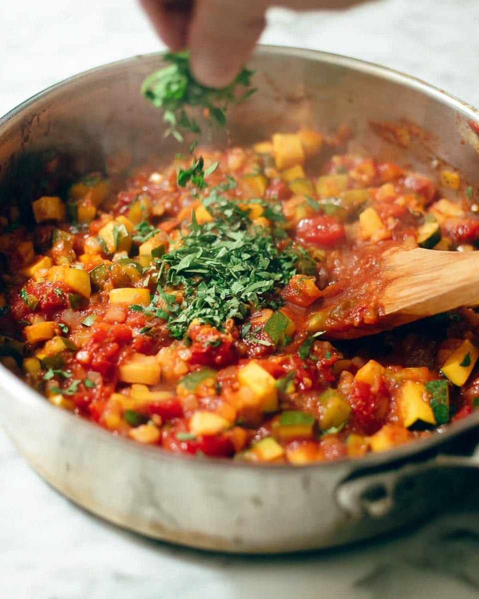 A close-up of a silver pan filled with colorful cooked vegetables including yellow, green, and red diced pieces mixed in a steaming red sauce. A wooden spoon rests on the right side in the pan, partially covered in sauce, while a woman's hand sprinkles fresh green leafy herbs over the top. The background is softly blurred with a white marbled texture surface. photo taken with an iphone --ar 4:5 --v 7