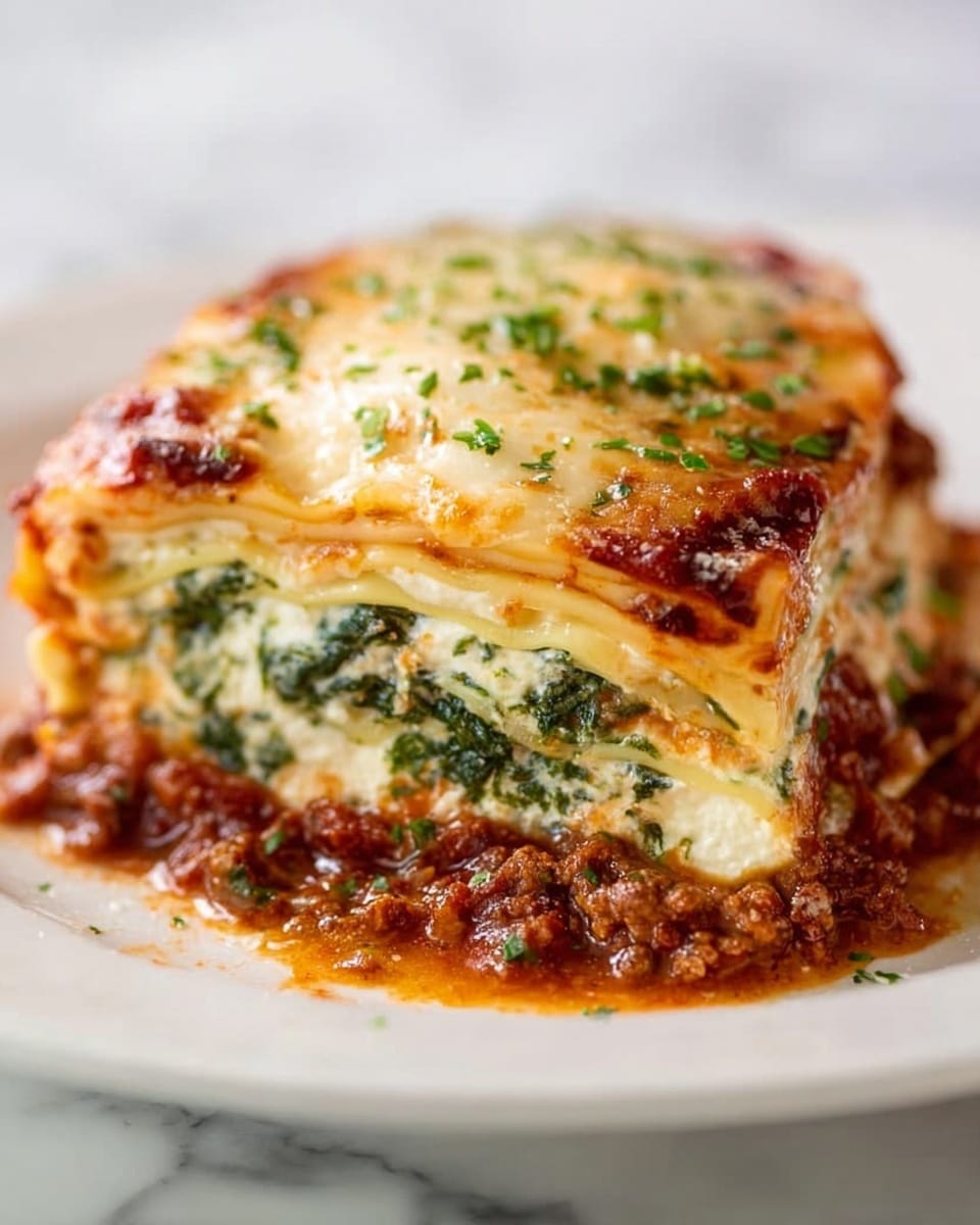A close-up view of a slice of lasagna on a white plate, showing multiple layers. The bottom layer is a rich, brown meat sauce with small bits of vegetables. Above that is a creamy white cheese layer mixed with green spinach leaves. Next is a layer of light yellow cooked pasta. The top layer is covered with melted cheese that is golden brown with a few dark spots and sprinkled lightly with green herbs. The plate is placed on a white marbled surface with a blurred background. photo taken with an iphone --ar 4:5 --v 7