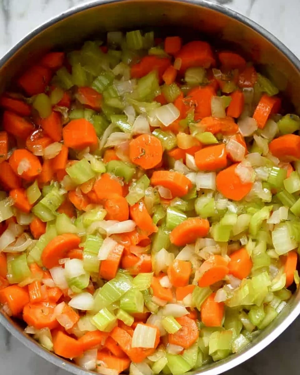 This image shows a pot filled with a mix of diced vegetables being cooked. The vegetables include bright orange carrot slices, pale green celery pieces, and small white chunks of onion. The vegetables appear soft and slightly shiny, suggesting they are sautéing in some liquid or oil. The colors are fresh and vibrant, with the carrots and celery evenly spread throughout the pot. The surface beneath the pot is a white marbled texture. photo taken with an iphone --ar 4:5 --v 7