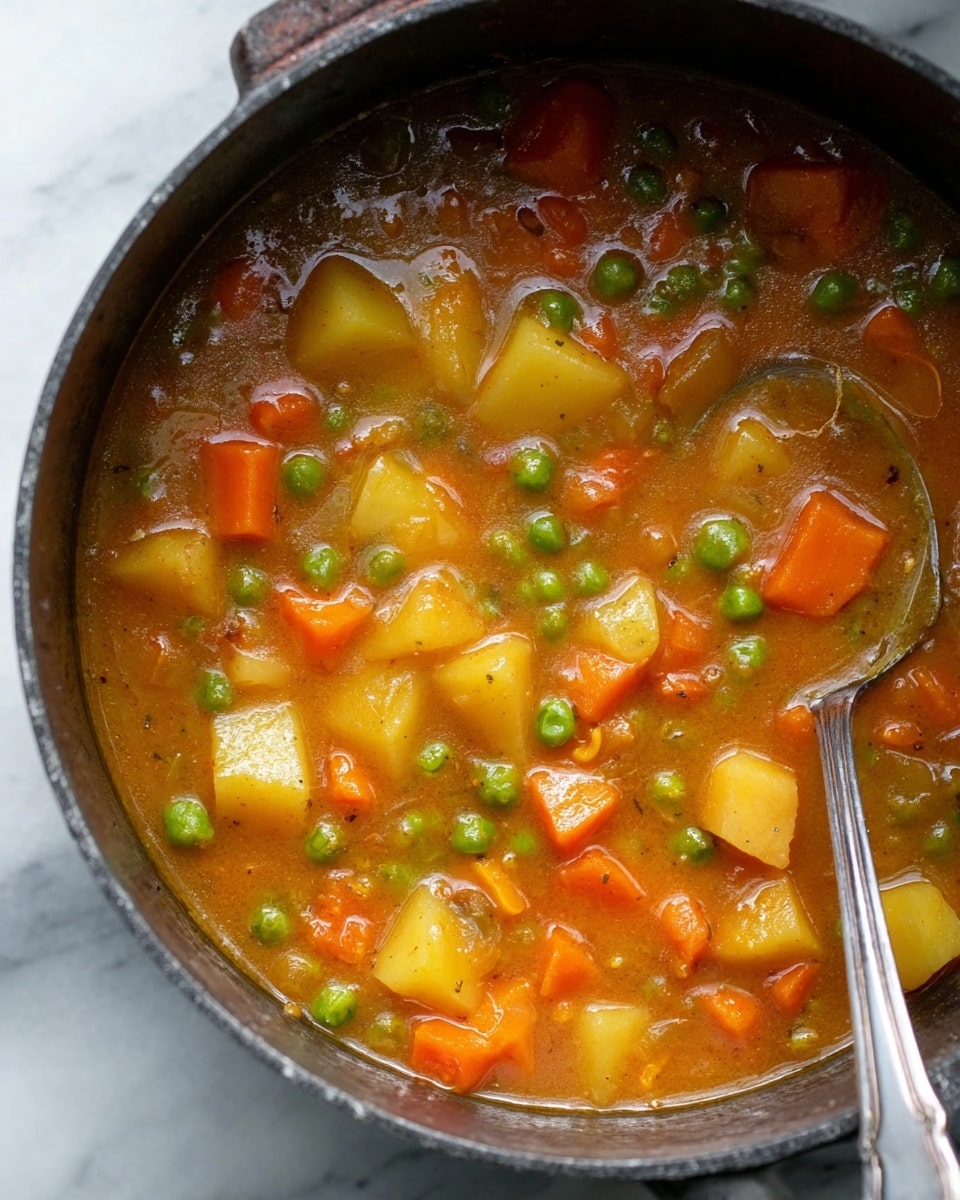 A close-up view of a dark pot filled with thick vegetable stew showing three main layers of ingredients: the top layer with green peas scattered throughout, the middle layer with soft-looking orange carrot pieces, and the bottom layer with light yellow potato cubes. The stew has a shiny, smooth orange-brown broth that covers all the vegetables, giving a moist look. A metal spoon is partly dipped into the stew on the right side, with its handle pointing outwards. The pot is on a white marbled surface that adds a clean and bright contrast. photo taken with an iphone --ar 4:5 --v 7