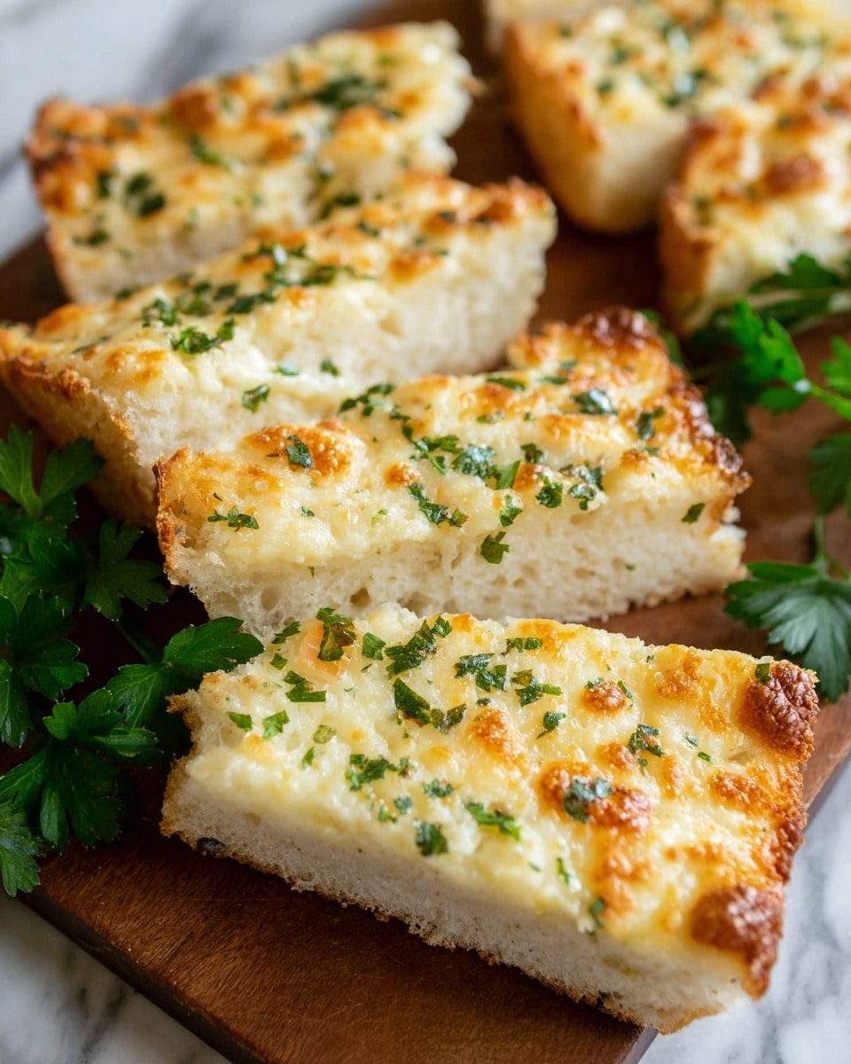 Two long pieces of toasted bread are topped with a layer of melted, slightly browned cheese that covers the surface evenly. The cheese layer is smooth and creamy with spots of golden brown from baking. The bread edges are crispy and darkened. On top of the cheese, small green pieces of chopped herbs are scattered evenly for color contrast. One piece of bread is whole, while the other is cut into six smaller triangular pieces, arranged neatly in a line on a wooden board. Around the bread, there are some loose herb bits, a bulb of garlic, and a wooden bowl of chopped green herbs. The background has a white marbled texture. photo taken with an iphone --ar 4:5 --v 7