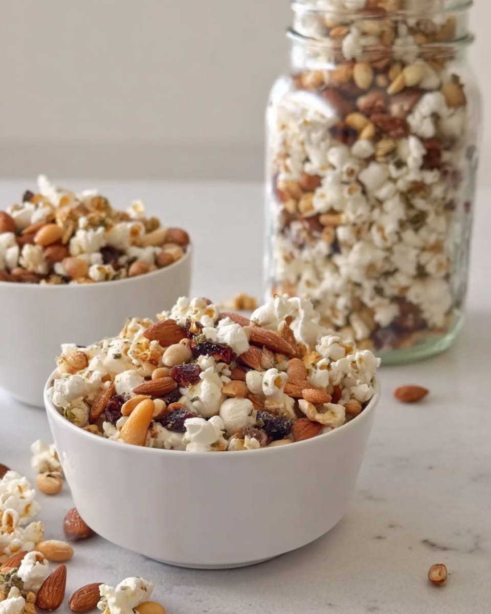 The image shows a close-up of a white bowl filled with a mix of popcorn, almonds, and other nuts with varying shades of brown, beige, and light orange, creating a textured and crunchy look. Behind the bowl, there is a tall clear glass jar filled with the same snack mix, showing layers of white popcorn and scattered nuts. To the left, there is a second white bowl with the same snack, slightly blurred, and some pieces of popcorn scattered on the white marbled surface around the bowls. The scene is softly lit and simply styled. Photo taken with an iphone --ar 4:5 --v 7