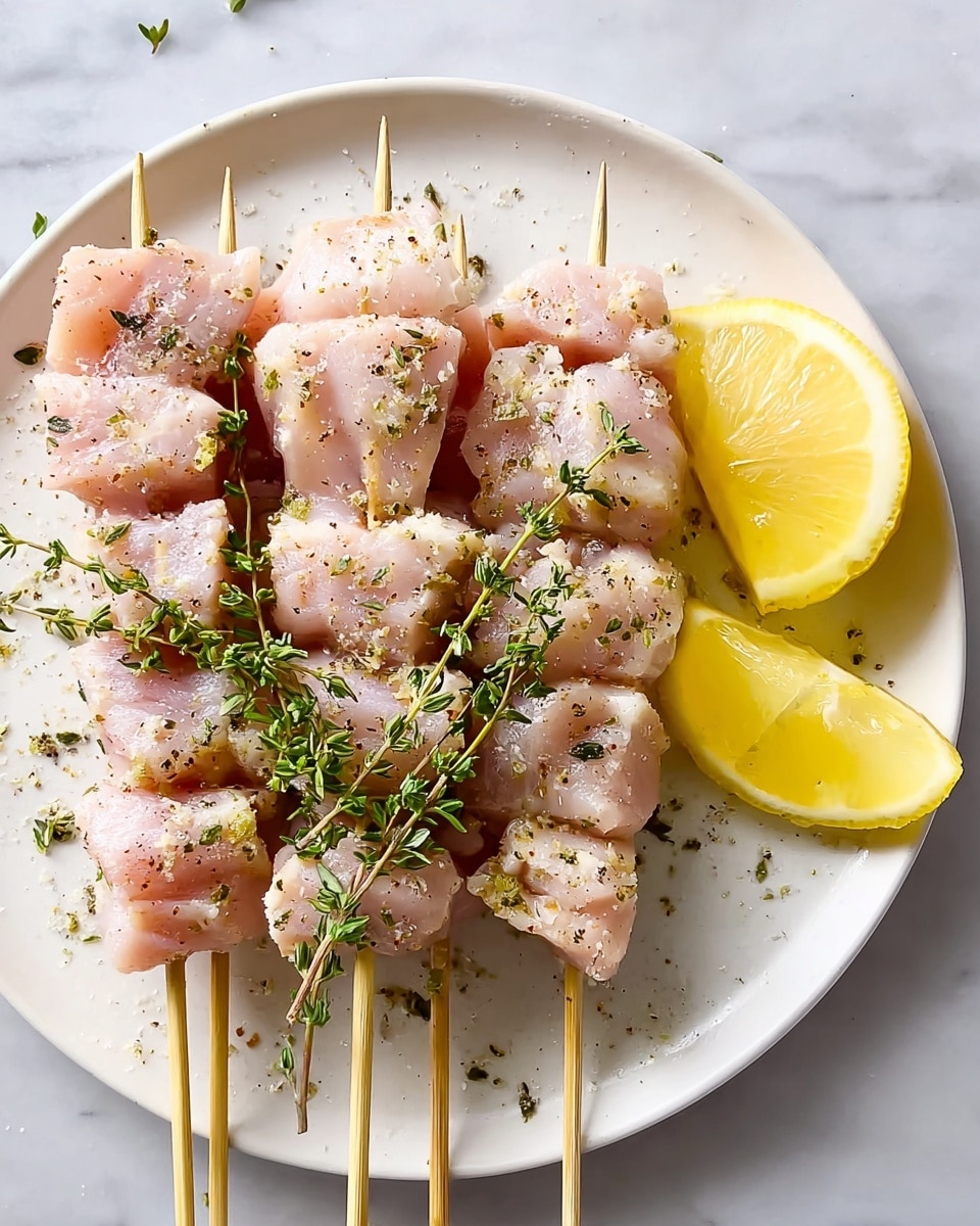 A white plate holds five wooden skewers with raw, light pink pieces of meat that look soft and moist, sprinkled with small green herbs and black pepper. Fresh green thyme sprigs are laid on top of the skewers, adding texture and color contrast. Two bright yellow lemon wedges sit on one side of the plate. The plate is placed on a white marbled surface. photo taken with an iphone --ar 4:5 --v 7