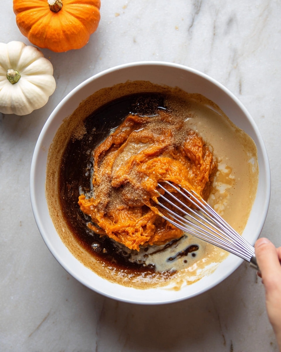 A white bowl sits on a white marbled surface, filled with several layers of ingredients being mixed. The bottom layer is a dark brown syrupy liquid, partially soaked into a thick orange puree spread unevenly on top. On the right side, there is a creamy beige sauce with a smooth texture merging with the orange puree. A woman's hand holds a silver whisk inside the bowl, stirring the mixture, with some brown sugar sprinkled on the whisk and ingredients. In the upper left corner, part of a small bright orange pumpkin and a small white pumpkin are visible. photo taken with an iphone --ar 4:5 --v 7