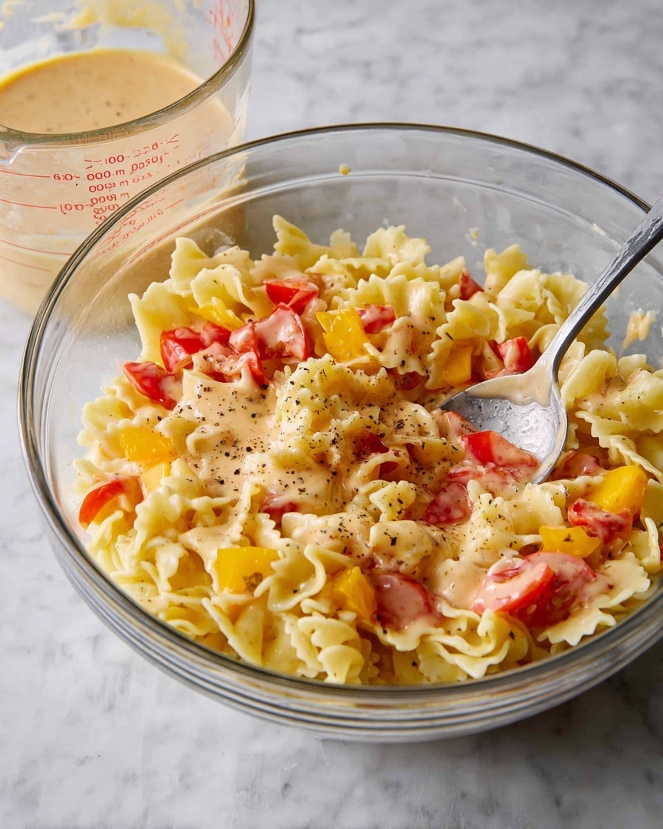 A clear glass bowl holds a layered pasta salad with three main layers: the base is made of pale yellow, wavy-edged pasta pieces, followed by small colorful chunks of red and yellow tomatoes and yellow bell peppers scattered evenly, and the top layer is coated with a creamy, light orange dressing speckled with black pepper. A metal spoon rests inside the bowl on the right side. Behind the bowl, there is a transparent measuring cup with creamy dressing residue on the inside. The bowl is placed on a white marbled surface. photo taken with an iphone --ar 4:5 --v 7