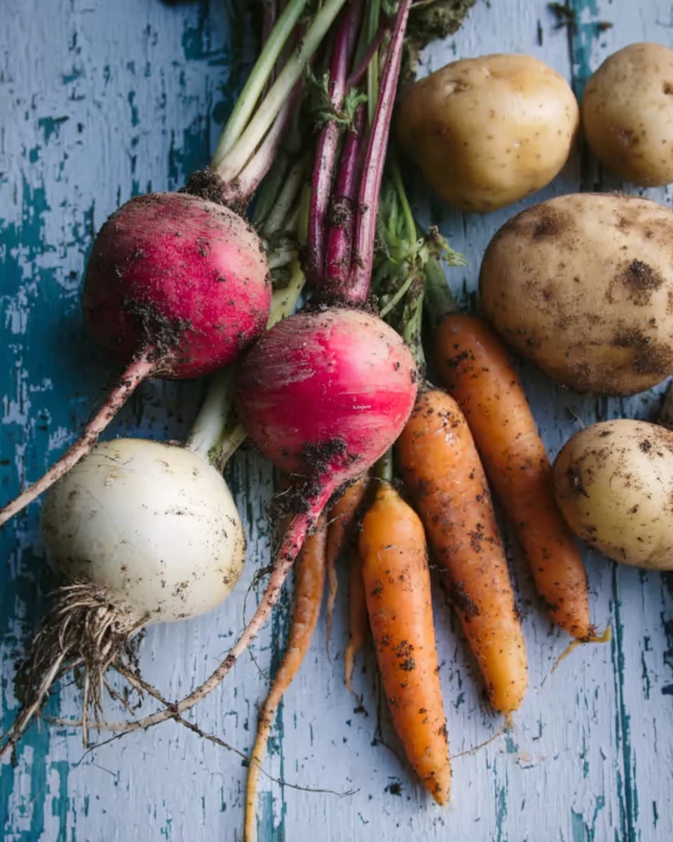 The image shows a group of fresh vegetables placed on a weathered blue wooden surface, changed to a white marbled texture. There are two red radishes with bright pinkish-red skin and some dirt still stuck on them, positioned on the left side. Next to them are a white onion and several carrots varying in size, with orange skin and patches of soil, arranged in the middle and right. In the background, there are some potatoes with rough light brown skin. The vegetables have visible roots and stems, giving them a natural and rustic look. Photo taken with an iphone --ar 4:5 --v 7
