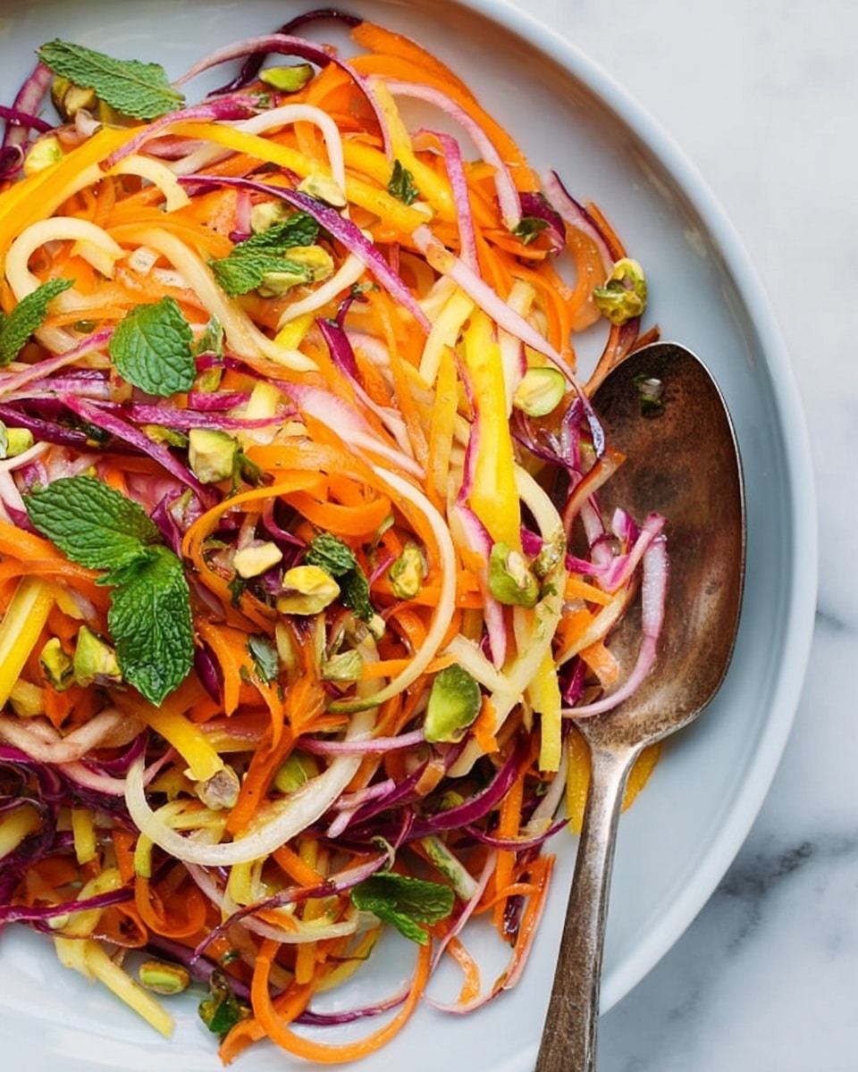 A close-up of a colorful salad served on a white plate on a white marbled surface. The salad has thin strips of orange carrots, pale yellow and purple radishes or similar roots forming a tangled, lively mix. Small green herbs like mint leaves and chopped parsley are scattered on top. There are some small green pistachio pieces mixed in for texture. On the right side of the plate, a worn silver spoon is resting partly under the salad. The colors of the salad create a fresh and bright look. Photo taken with an iphone --ar 4:5 --v 7