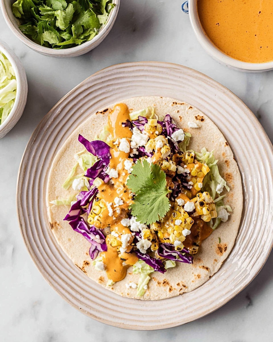 A soft, lightly toasted tortilla lies flat on a white plate with ridged edges, set on a white marbled surface. The first layer is a bed of light green shredded cabbage spread evenly on the tortilla. On top, there is a mix of diced yellow squash and charred kernels of corn scattered across the center. Purple cabbage adds a bright, crunchy layer to one side, with its thick, folded leaves. Small white crumbles of cheese are sprinkled over everything, adding texture and contrast. A drizzle of creamy orange sauce partially coats the vegetables, topped with a fresh green cilantro leaf in the middle. To the top right, a white bowl with temp orange sauce and another white bowl filled with green cilantro leaves sit on the white marbled background. photo taken with an iphone --ar 4:5 --v 7